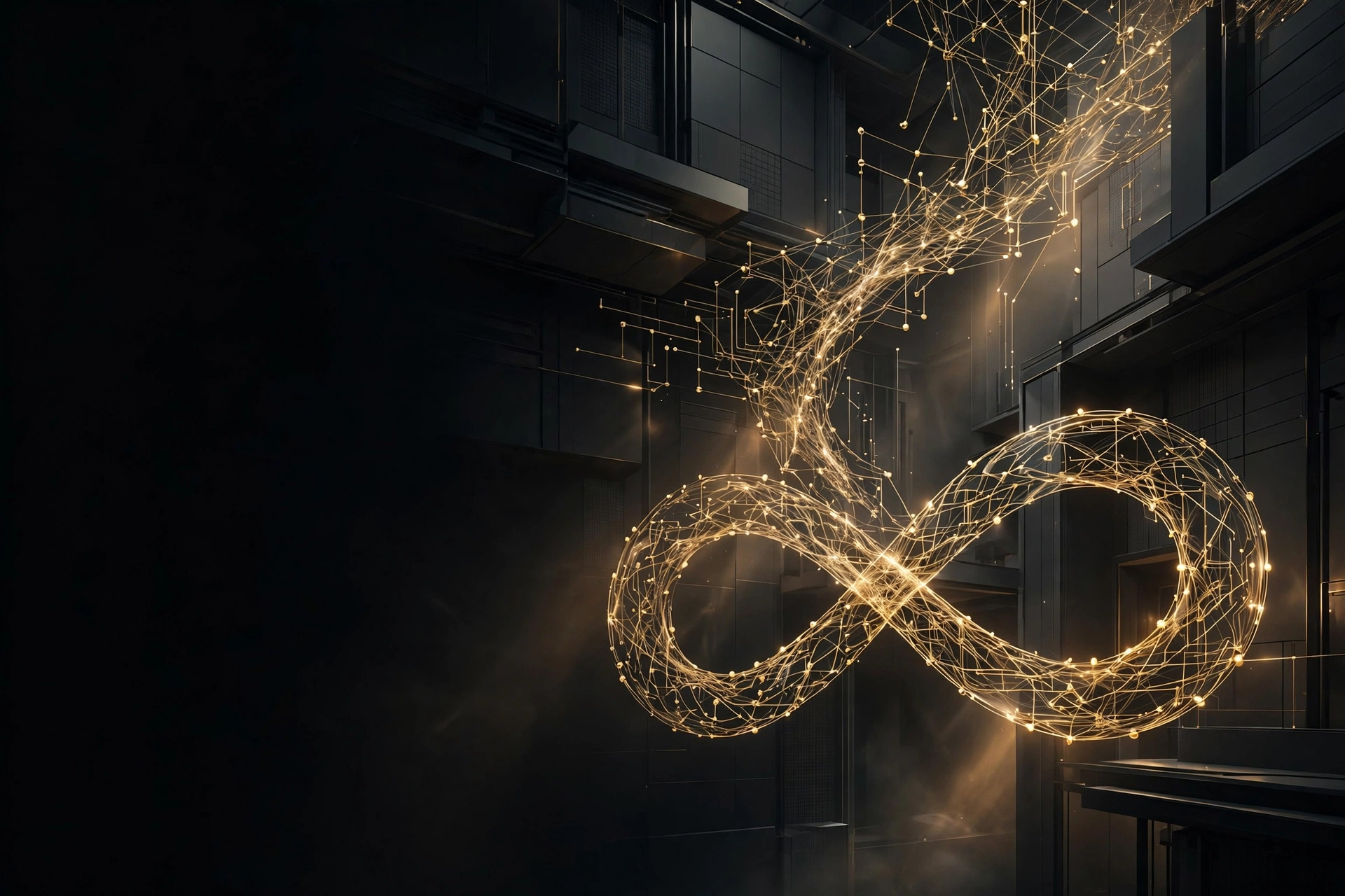 Golden particle-network infinity form in a dark architectural space